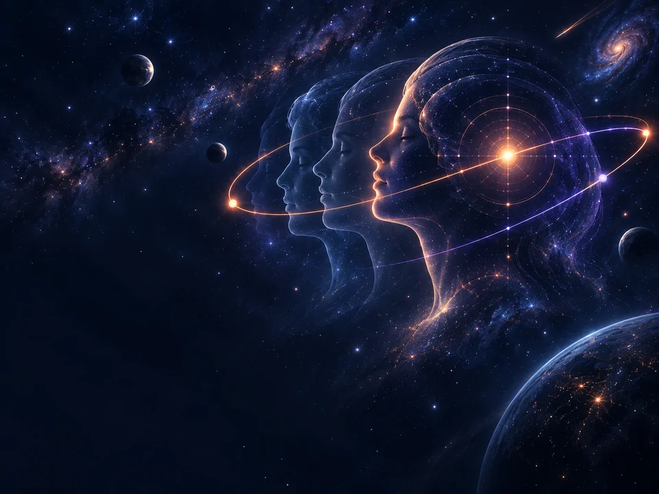 多层星尘人物轮廓被两条信号轨道连接