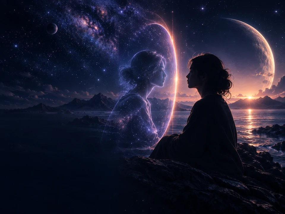 一个人与星光映照的内在自我隔着光门对话